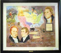 Photograph of an original painting by local artist Glenda Manche depicting President Thomas Jefferson with explorers Merriweather Lewis and William Clark.